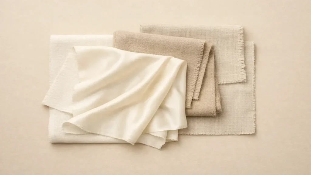 Tejidos y materiales del mundo textil, en tonos neutros
